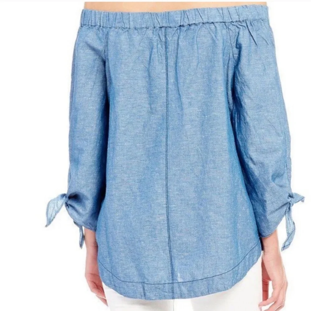 Free People Top S Off Shoulder Jean Denim 52%cotton 48%linen Long Sleeve - Picture 4 of 10